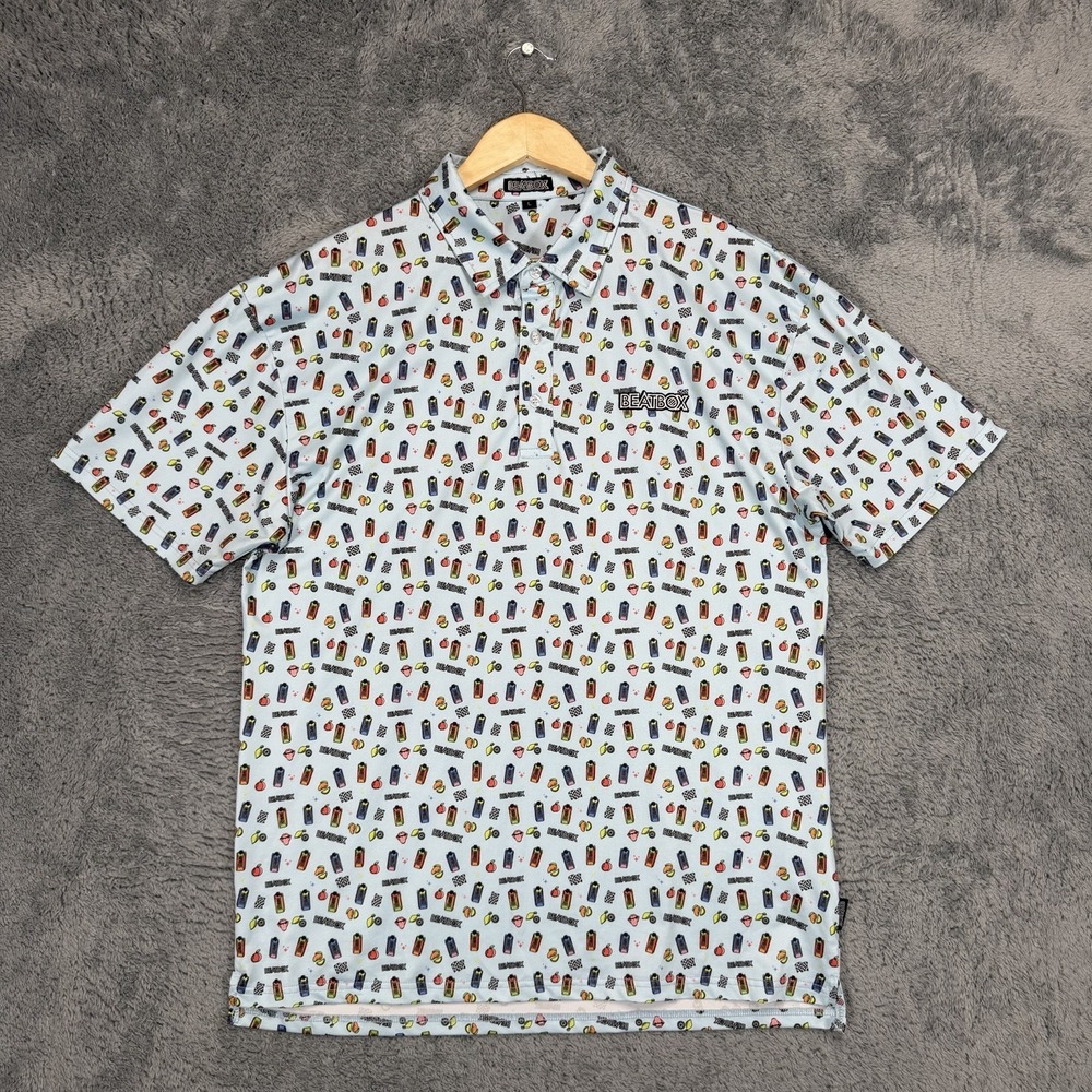 Beatbox Polo Shirt Mens L Blue AOP Fruit Juice‎ Boxes Performance Stretch Golf